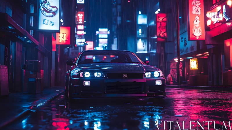 Sports car on wet neon city street at night in rain.