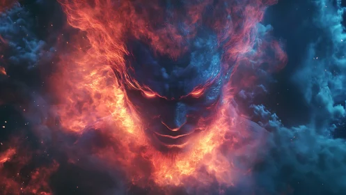 Infernal storm spirit smiles through firelit cosmic clouds