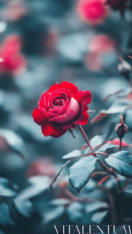 Red rose bloom with selective focus among foliage