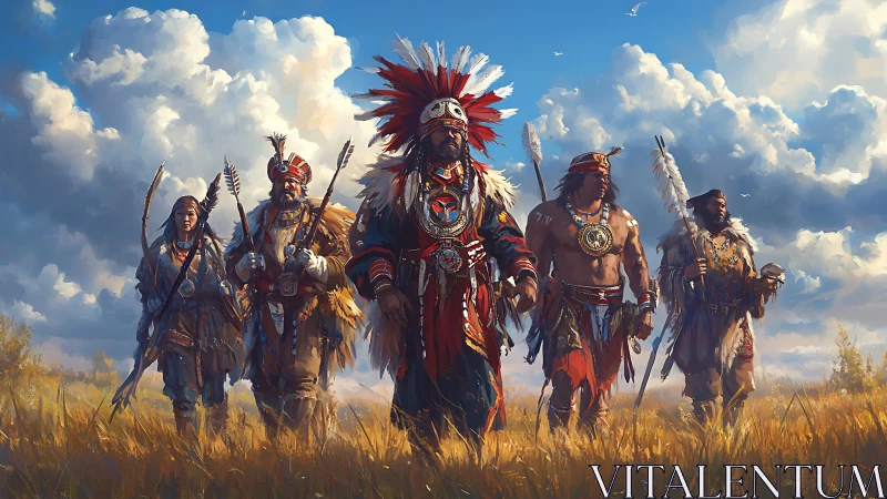 Indigenous group in traditional attire crossing grassland.