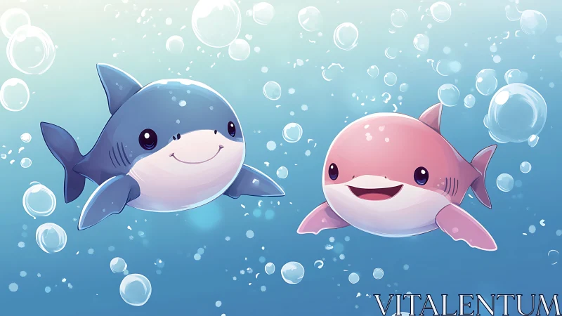 Two stylized cartoon sharks in underwater bubble field.
