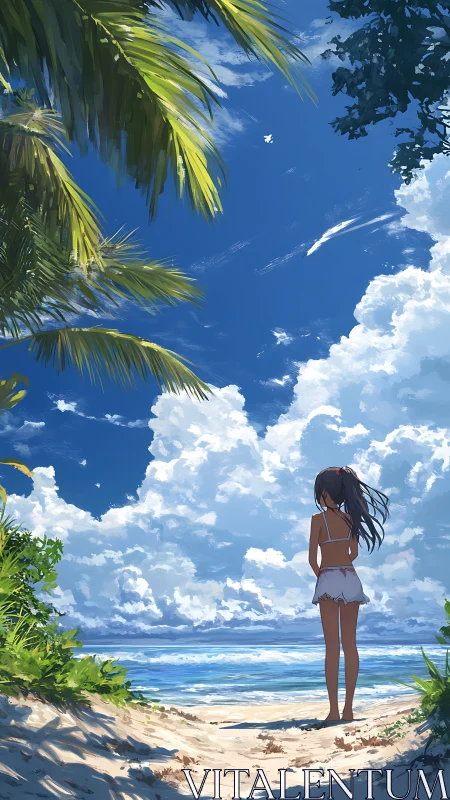 Solitary girl surveying tropical shoreline under towering cumulus