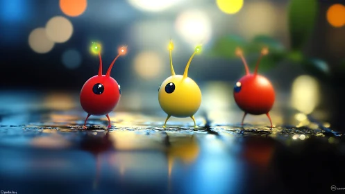 Bioluminescent orb-creatures on reflective micro-landscape.