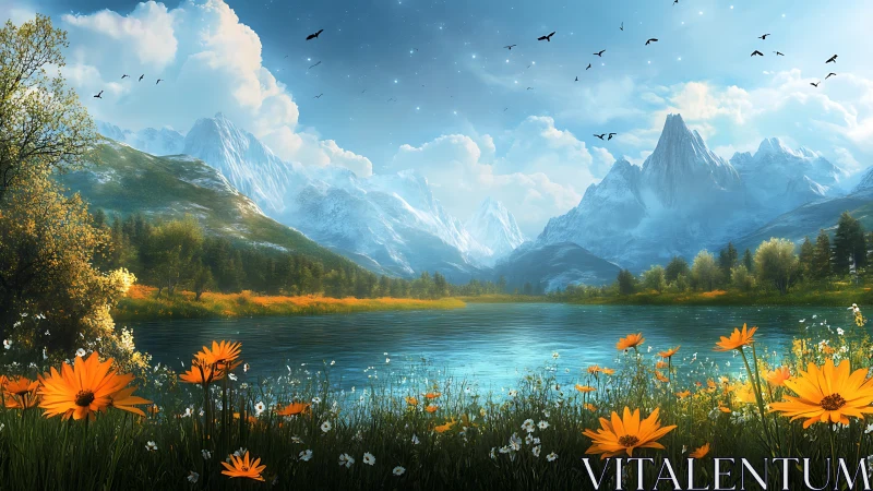 Sunlit daisies gossip beside crystal lake and snow peaks