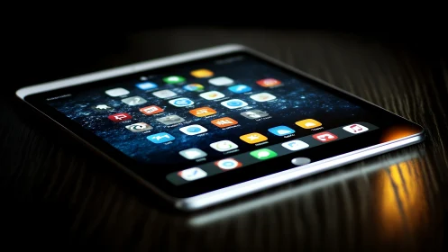 Sleek tablet screen glows softly with colorful app icons