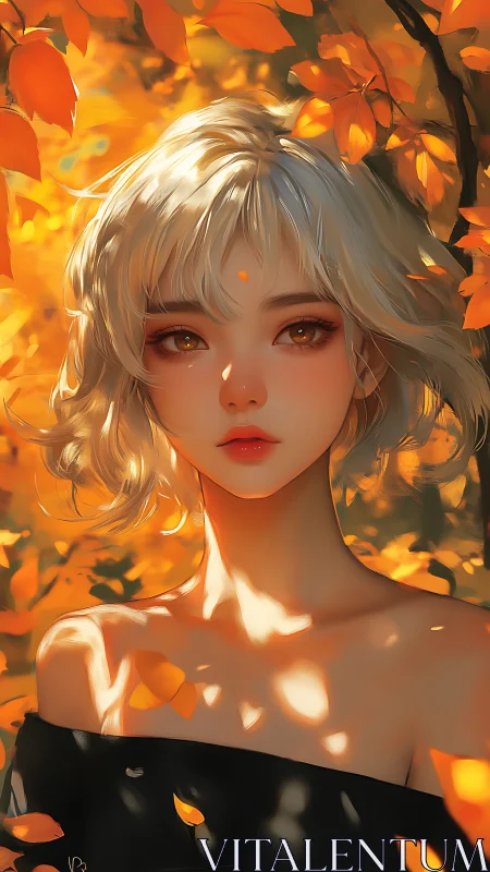 Autumn-lit anime portrait renders soft bokeh foliage glow