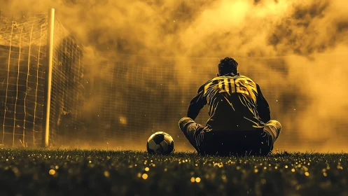 Goalkeeper drifts in smoky gold, guarding one quiet ball