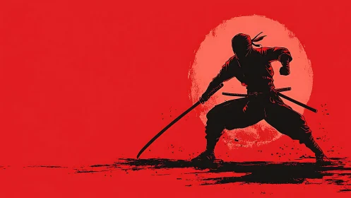 Silhouetted ninja holds drawn katana before circular backdrop