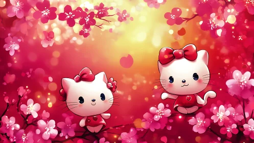 Two Adorable Kittens Dancing Among Blooming Pink Flowers