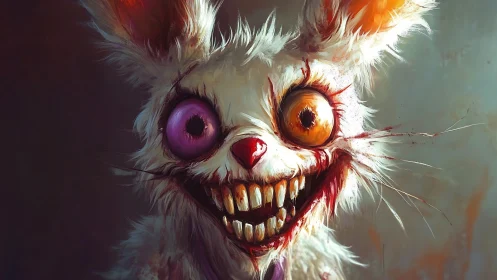 White anthropomorphic rabbit portrait shows distorted facial features