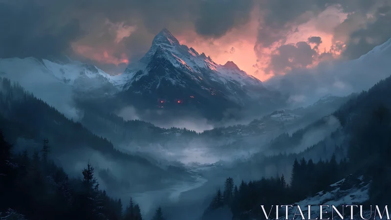 Glacial peak dominates misted valley under incendiary dusk sky