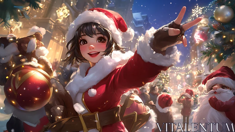 Festive girl in Santa suit leads bright Christmas parade.