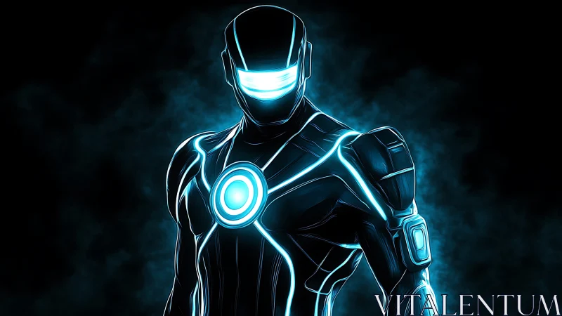 Neon cyber warrior stands in glowing exosuit silhouette.