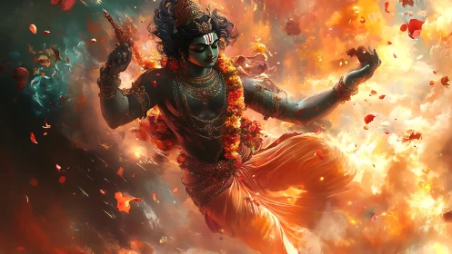 Deific warrior in incendiary vortex with dynamic volumetric bloom.