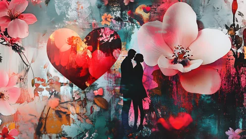 Composite artwork depicting silhouetted pair amid layered floral and geometric shapes.