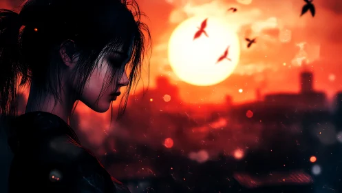 Silhouetted profile in high-contrast vermilion sunset field.