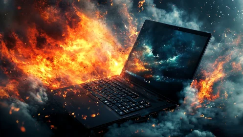 Laptop engulfed in cosmic flames amid dense digital smoke.