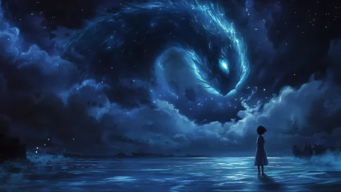 Child stands on reflective sea beneath glowing sky creature