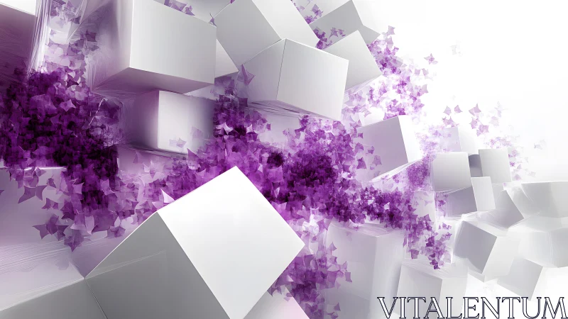 White geometric cubes with dispersed purple crystal shards.