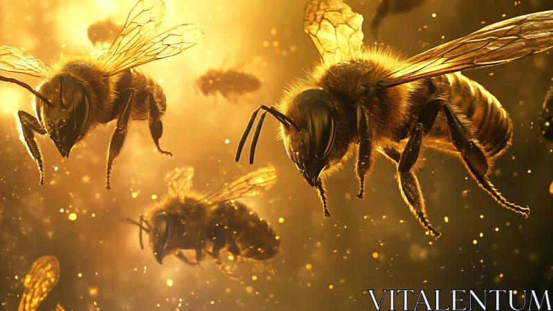 Rendered macro view shows multiple honey bees in flight