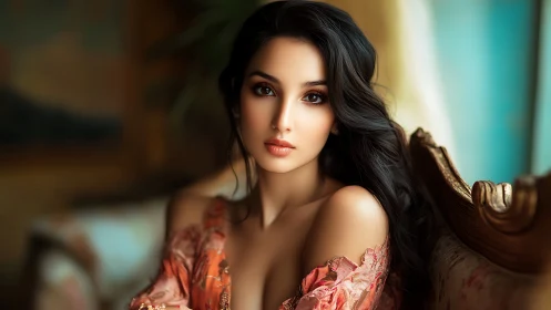 Digital portrait of young woman on ornate vintage chair.