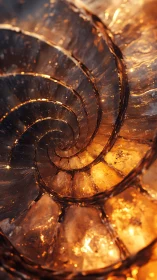 Golden spiral shell glows with molten, crystalline light.