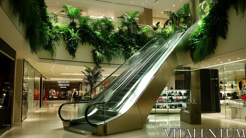 Vertical garden escalator lifts glow within a luxury mall