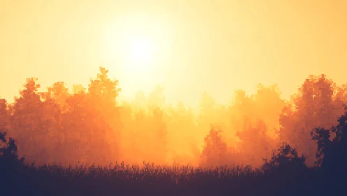 Pixel-rendered forest sunrise employs warm volumetric lighting