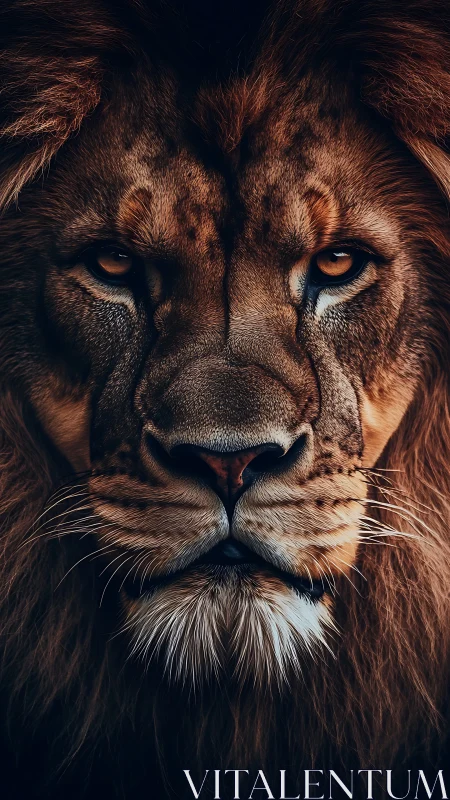 Lion face close-up shows detailed fur and intense eyes