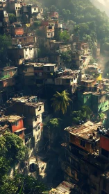Hillside favela architecture bathed in warm atmospheric haze.