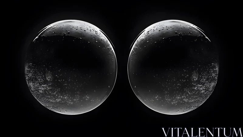 Twin glass spheres with cosmic reflections on black background.