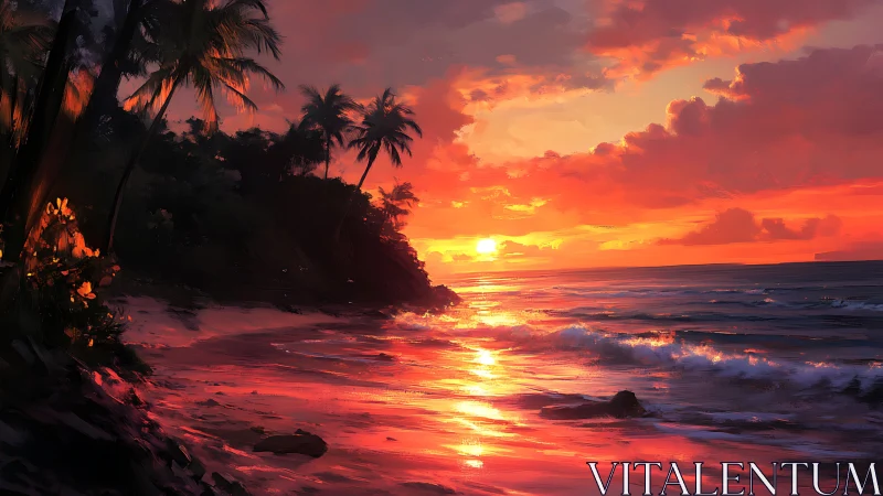 Vivid tropical shoreline sunset over glowing wave reflections.