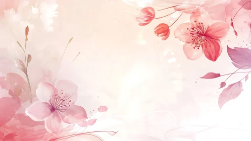 Pink floral composition with transparent watercolor blossoms and soft bokeh background