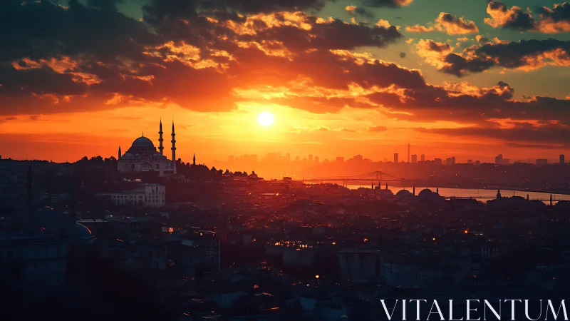 Dramatic Istanbul skyline under high-contrast sunset backlighting