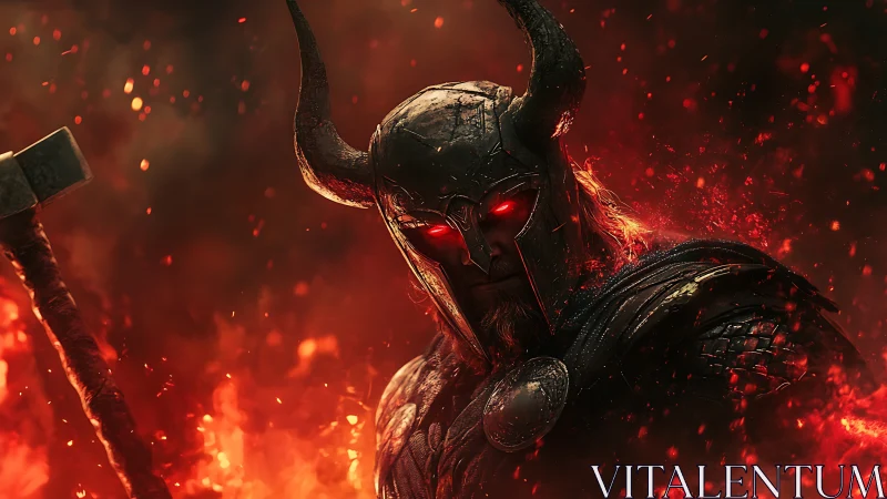 Infernal horned warlord in molten armor amidst combustive embers.