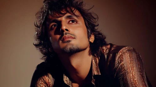 Coppery studio glow cradles a wistful gaze toward light