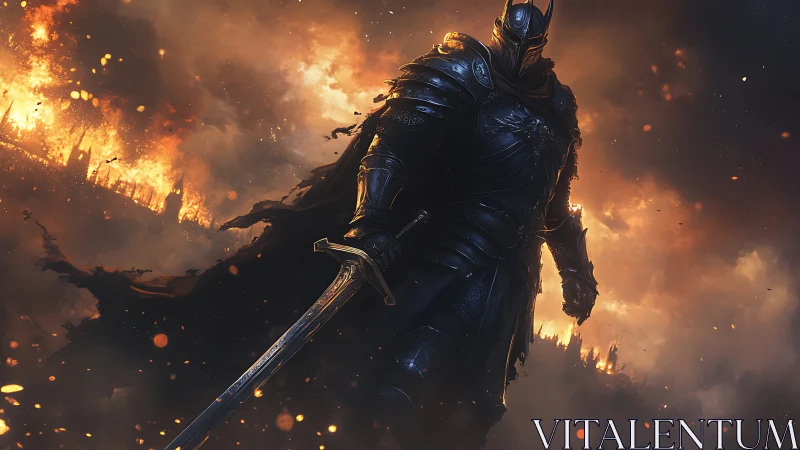 Armored swordsman in burning battlefield environment.