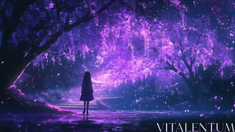 Girl stands under glowing violet blossoms in moonlit park