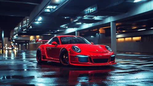 Midnight red sports car glows across a slick city garage