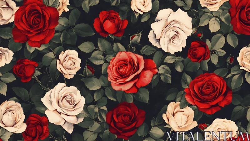 Red and Cream Roses on Dark Background with Green Foliage