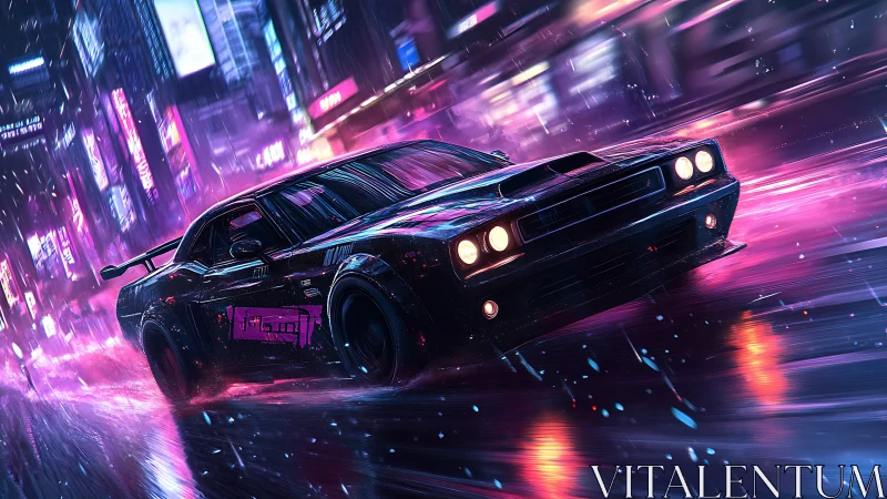 Cyberpunk muscle car racing through neon night rain.