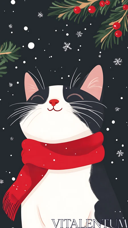 Digital holiday cat portrait with stylized winter framing.