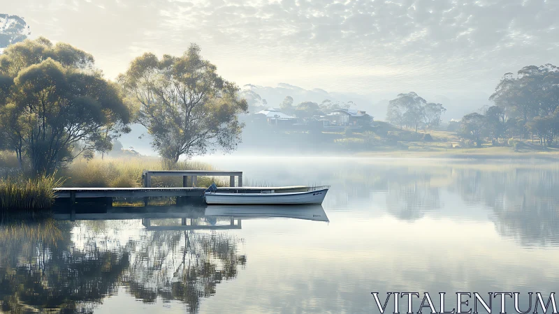 Quiet lakeside morning with a resting boat and soft mist.