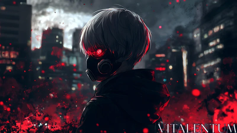 Backlit masked figure with red bioluminescent eyes in urban nightscape