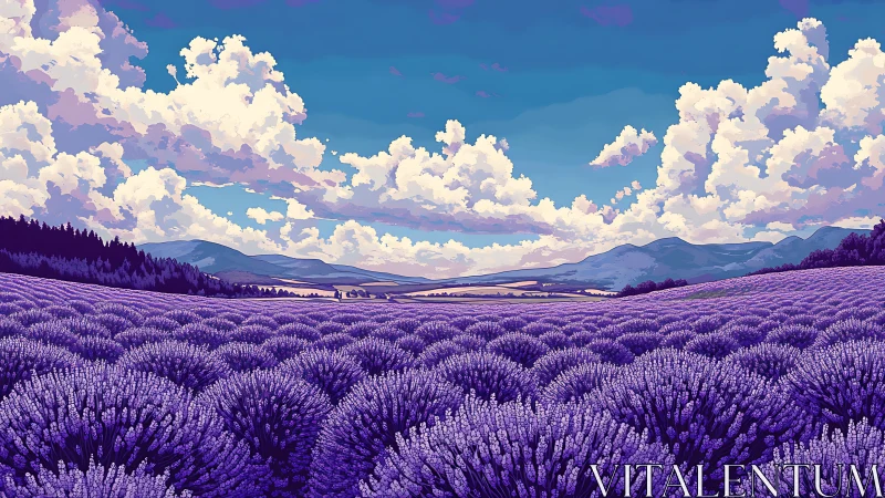 Lavender fields roll toward distant mountains under glowing clouds.