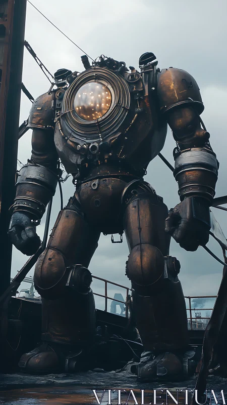 Rustic deep sea diving mech suit on industrial deck.