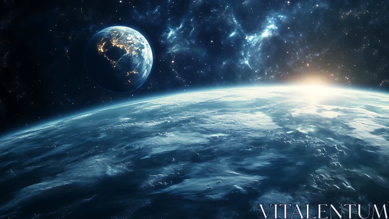 Dual-planet orbital vista with illuminated horizon and nebular sky