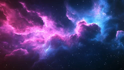 Vibrant pink and blue cosmic nebula over starfield sky.