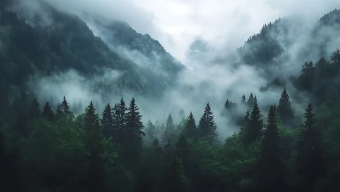 Misty Mountain Valley With Coniferous Forest Layers