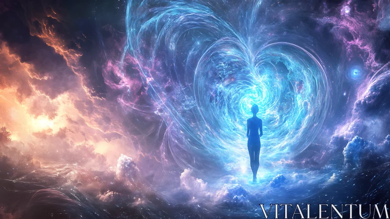 Stellar heart vortex with luminous astral silhouette nexus.